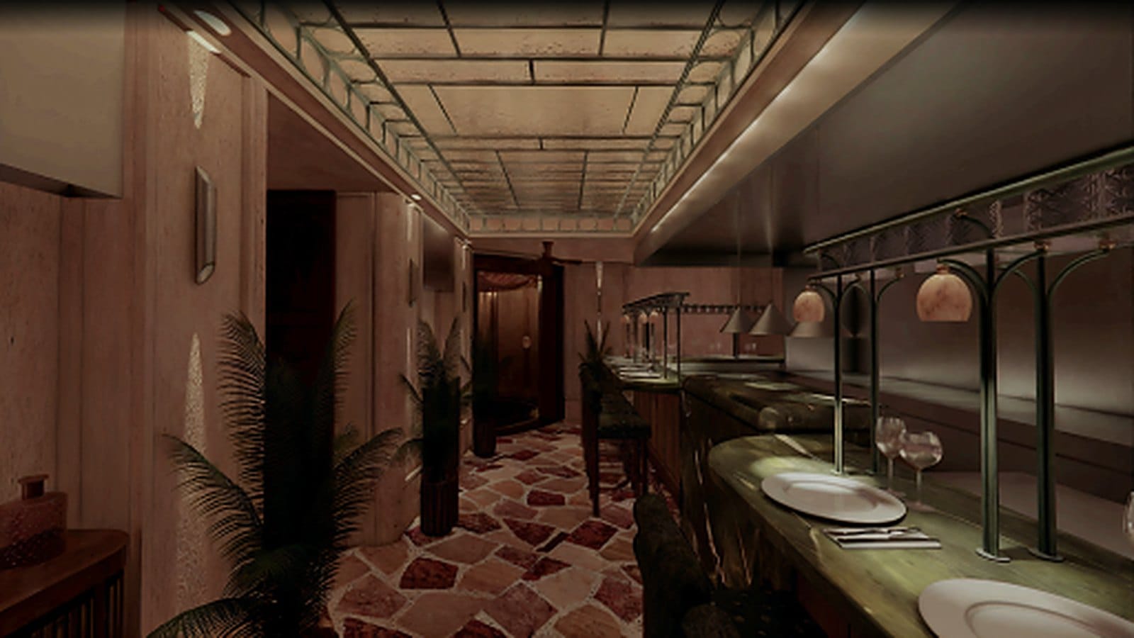 Perspective du restaurant : sol de pierre, comptoir précieux et lumières d’ambiance